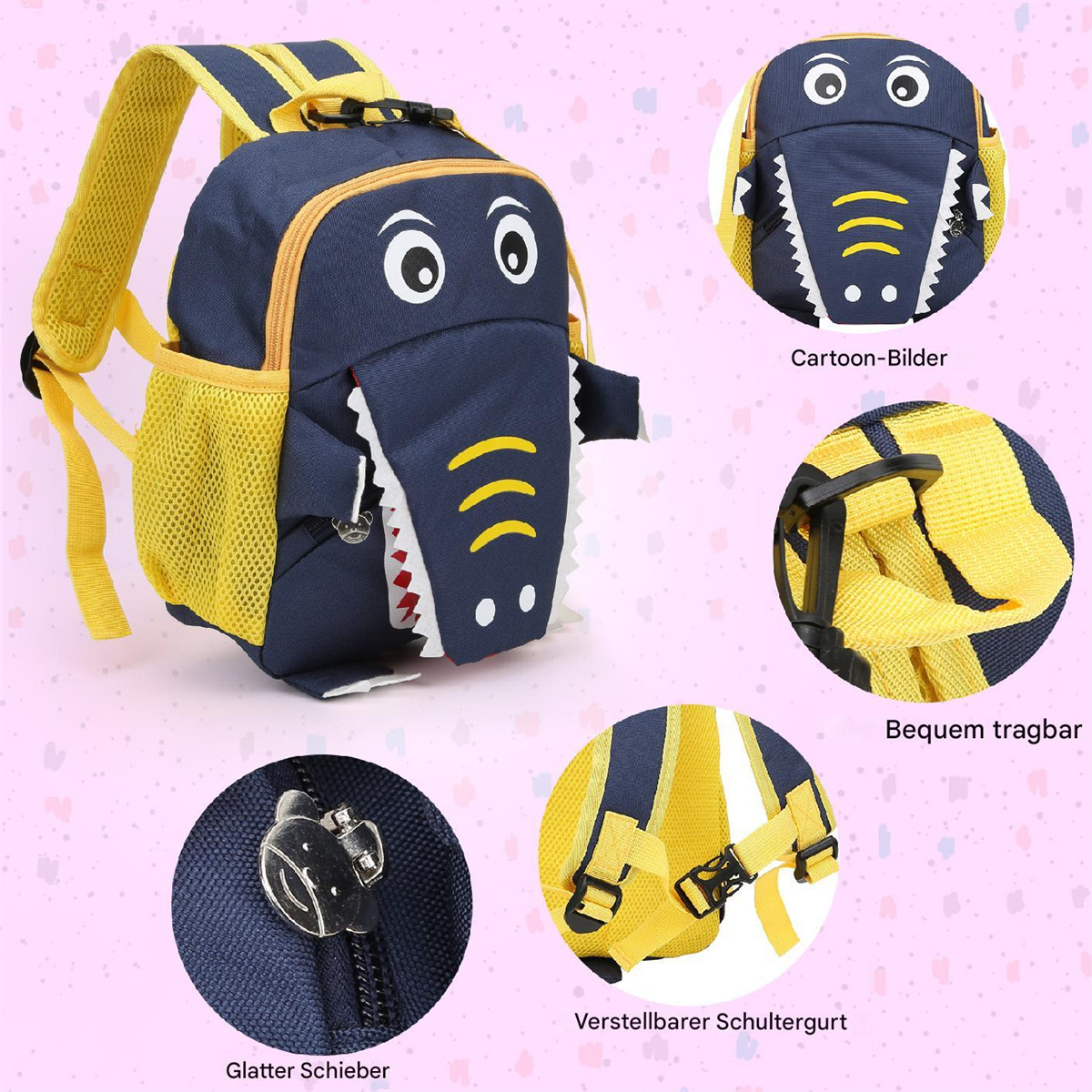 Blauer Rucksack mit Krokodilgesicht und gelben Akzenten, zeigt verschiedene Funktionen.