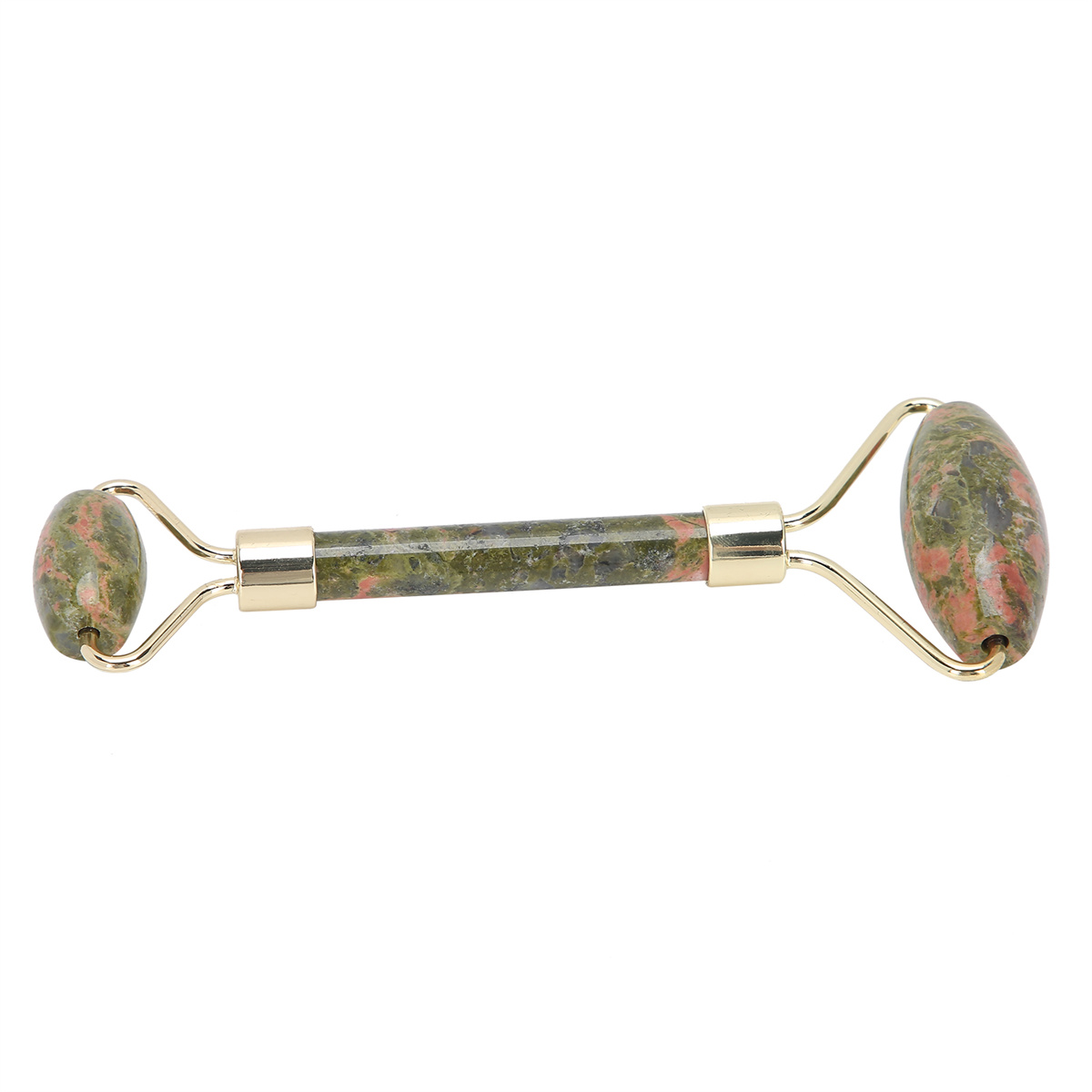 Ein grüner und rosa Gesichtsroller mit goldenen Metallgriffen.