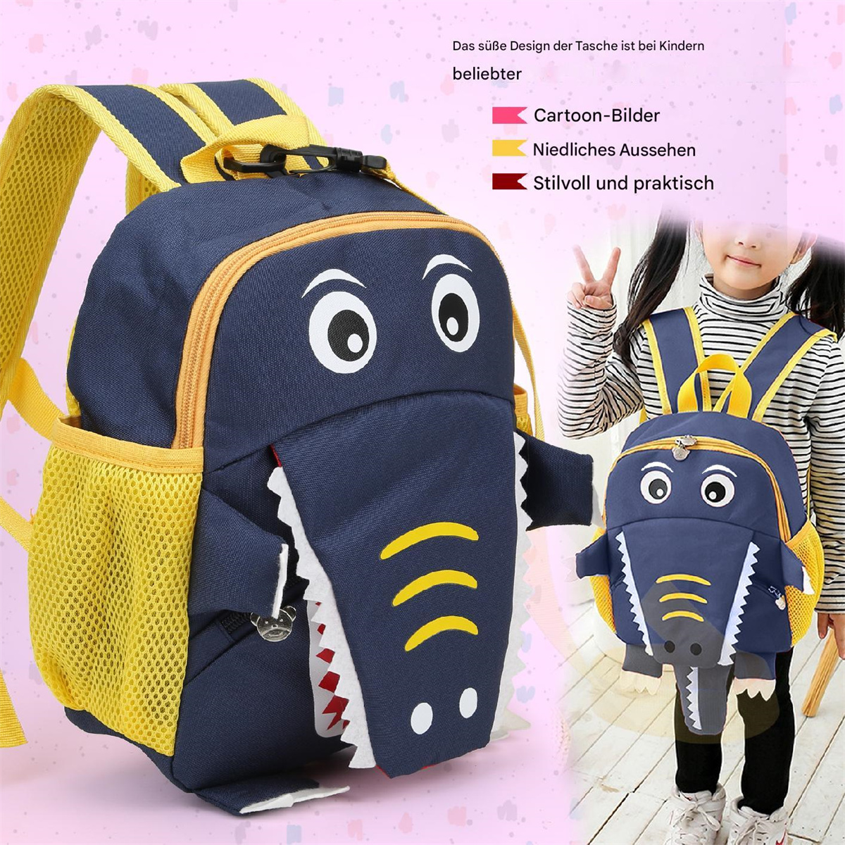 Ein Kind trägt einen blauen Krokodil-Rucksack. Daneben steht ein kleinerer Rucksack.