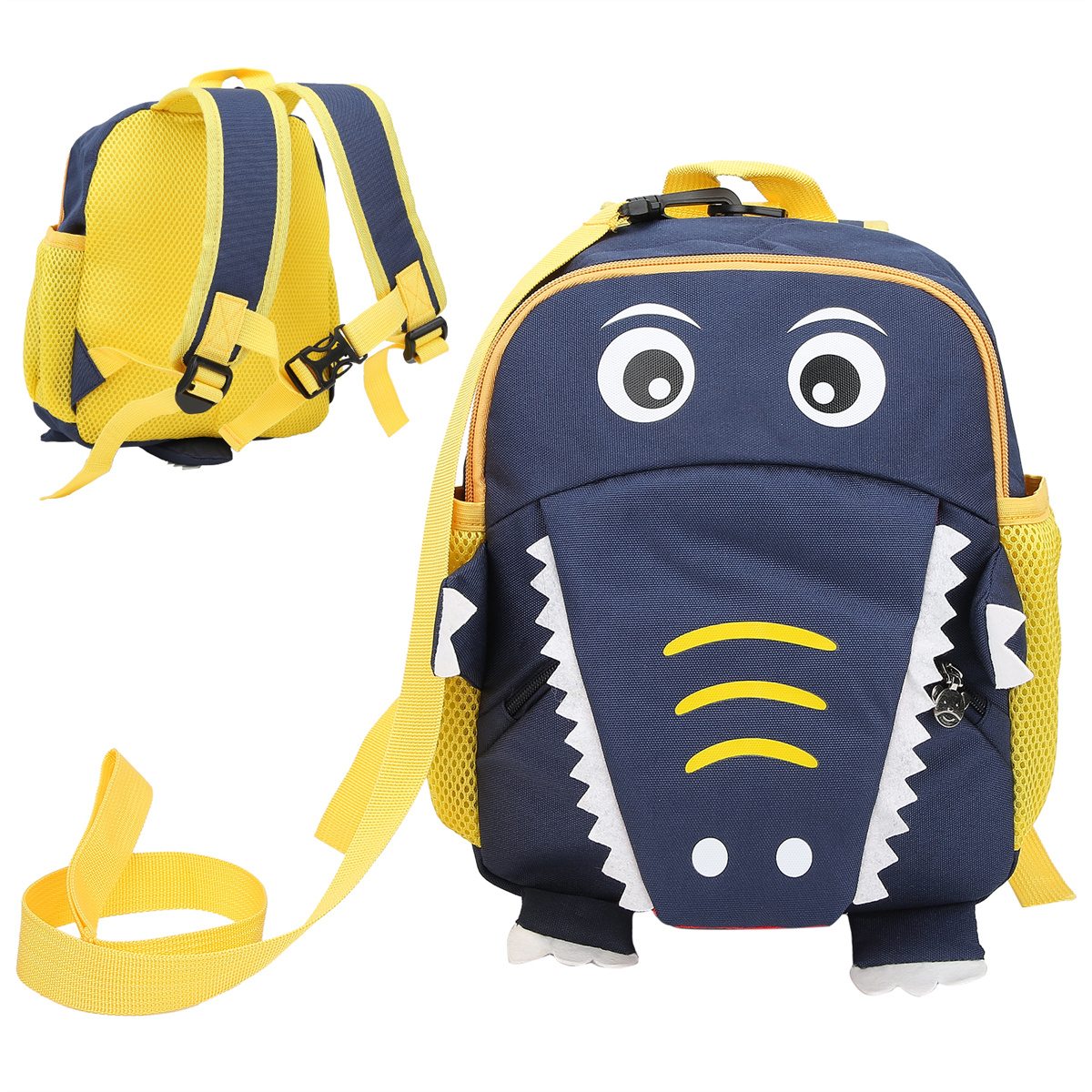Blau-gelber Dinosaurier-Rucksack mit Sicherheitsgurt.