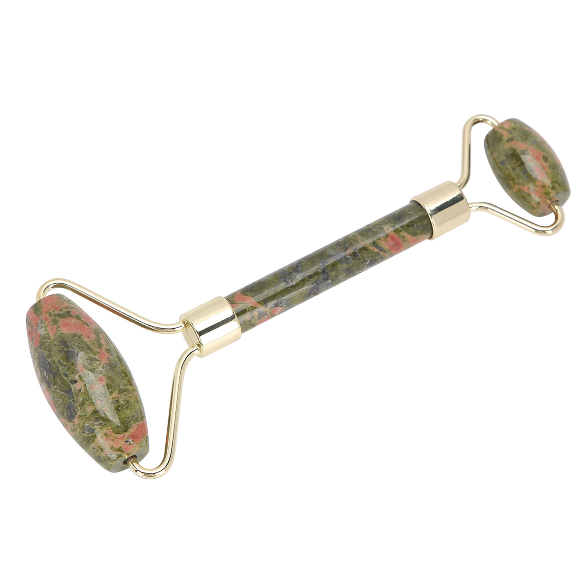 Jade-Roller. Grün und rosa gesprenkelter Stein. Goldfarbener Metallrahmen mit Griffen.