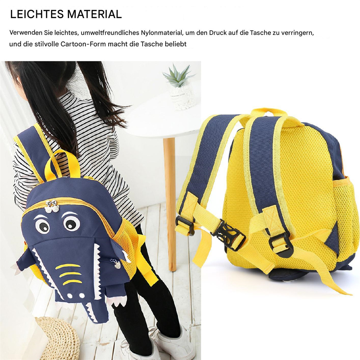 Ein Kind trägt einen blauen Dinosaurier-Rucksack mit gelbem Rücken. Ein Mädchen in weißen Schuhen ist im Bild.