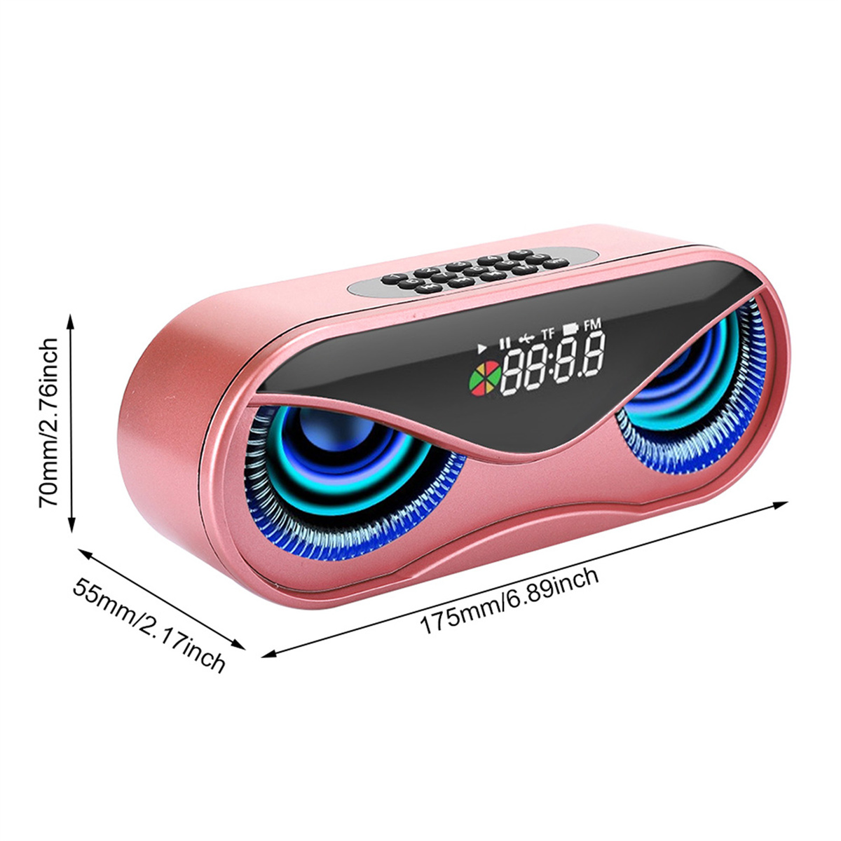 Ein rosa Lautsprecher mit eulenartigem Design. Er hat ein digitales Display und Abmessungen in Zoll.