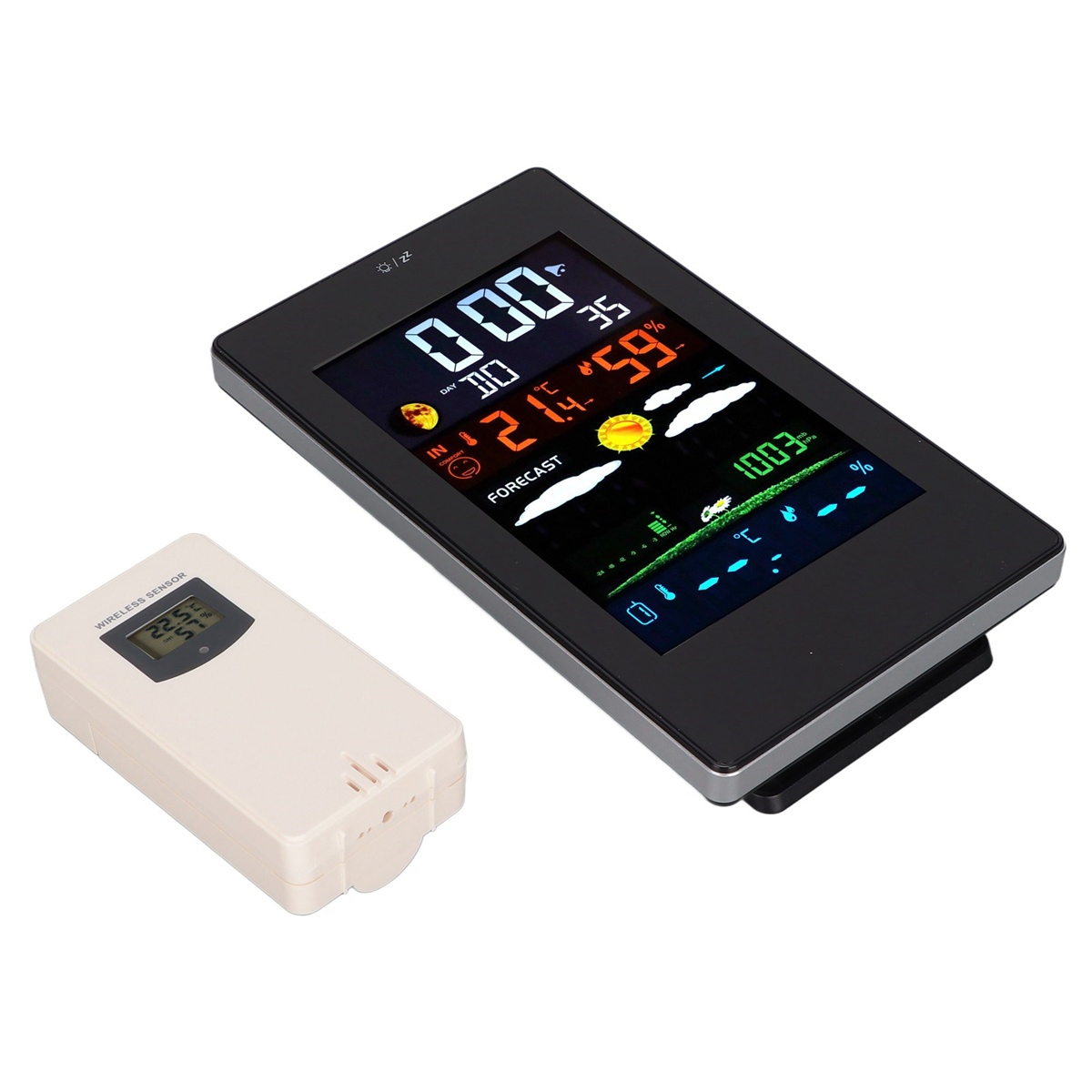 Drahtlose Wetterstationsanzeige mit Vorhersage, Temperatur und Luftfeuchtigkeit. Separater drahtloser Sensor links.