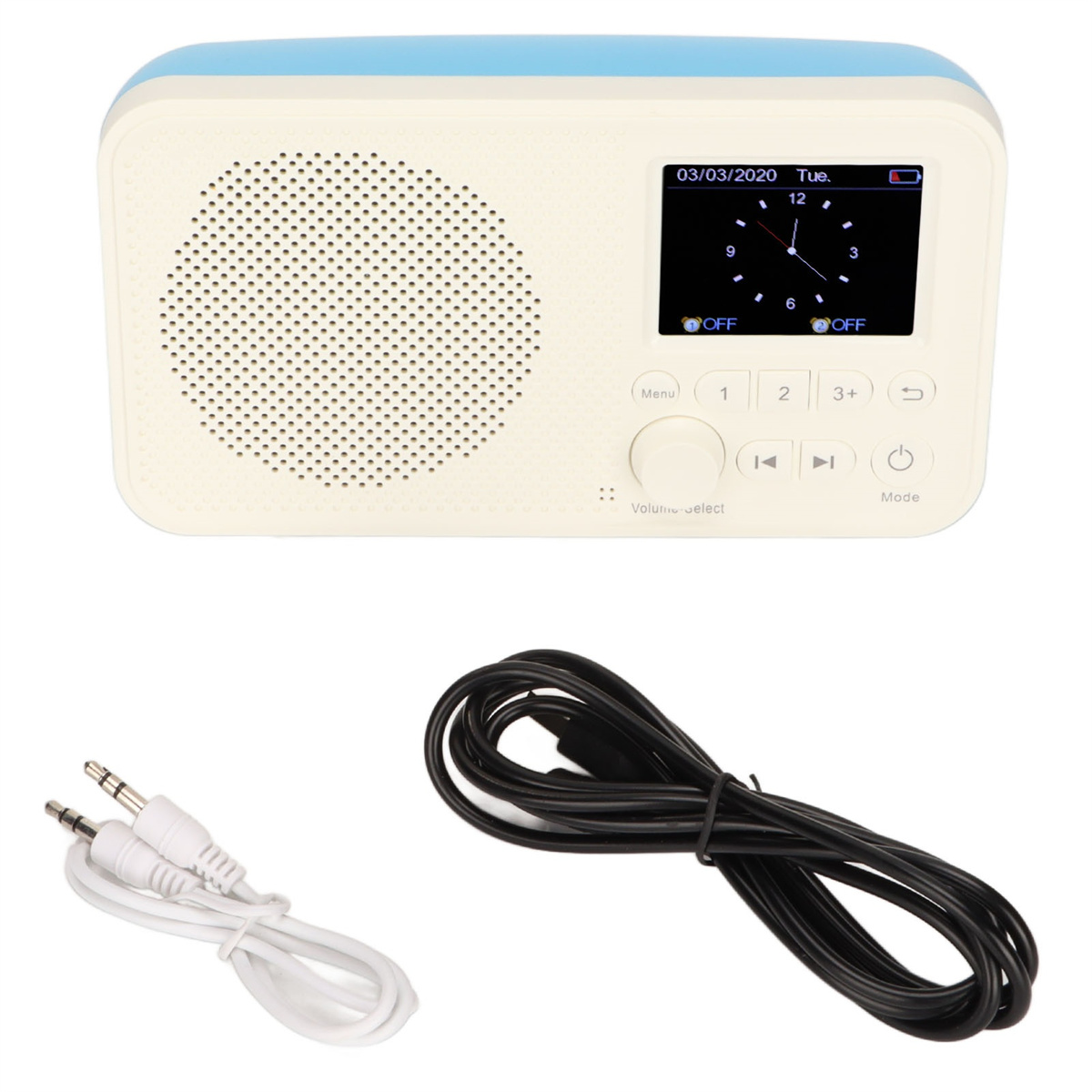Ein cremefarbenes und blaues Radio mit einem Bildschirm, der eine Uhr anzeigt. Kabel im Vordergrund.