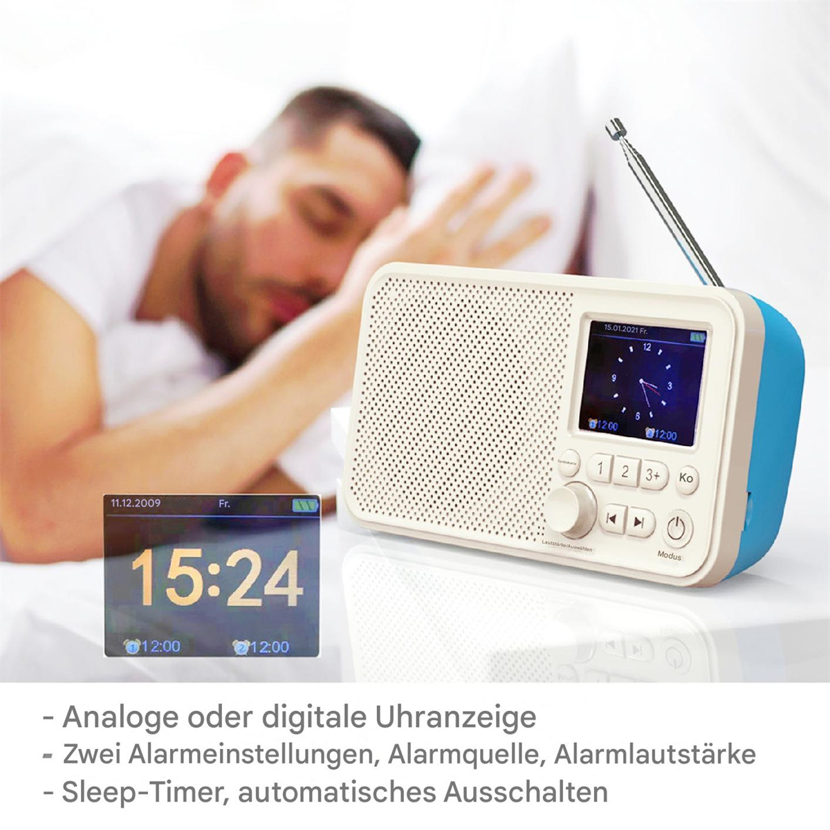 Weiß-blaues Digital-Radiowecker mit Uhranzeige und Person im Bett.