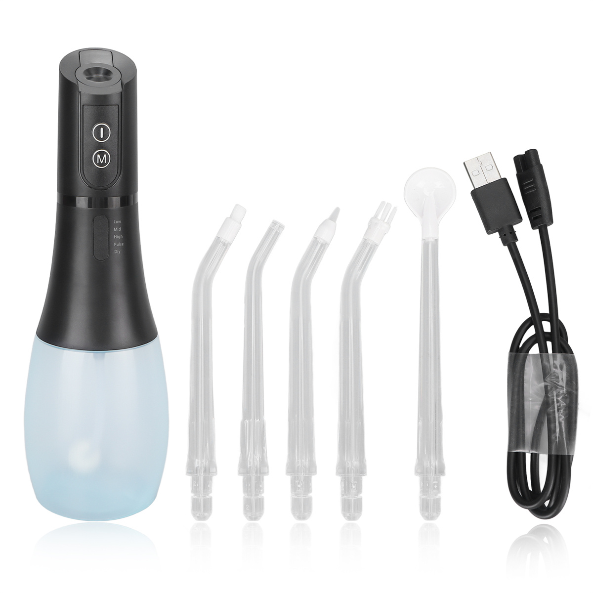 Munddusche mit mehreren durchsichtigen Spitzen und einem USB-Kabel.