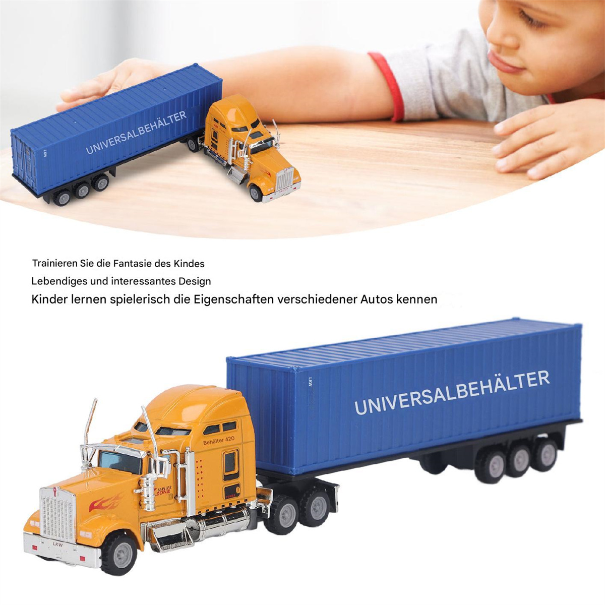 Gelbe und blaue Spielzeug-LKWs mit Containern. Im Hintergrund ist ein Kind zu sehen.