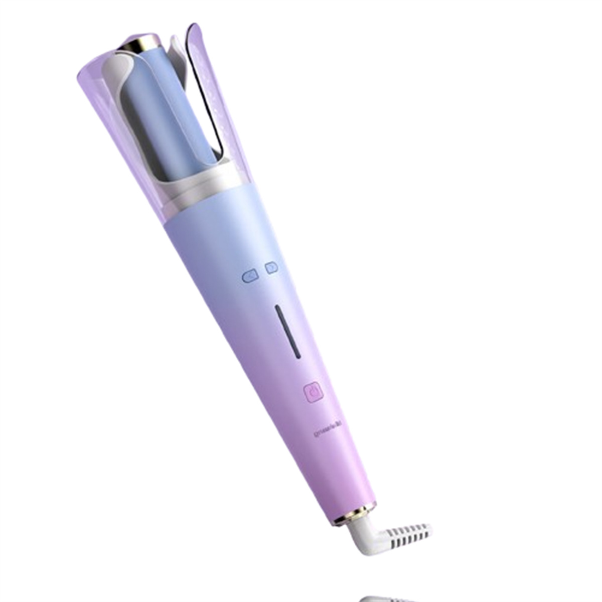 Lila und blauer Lockenwickler. Es hat ein Licht, einen Ein-/Ausschalter und einen Lockenstab.