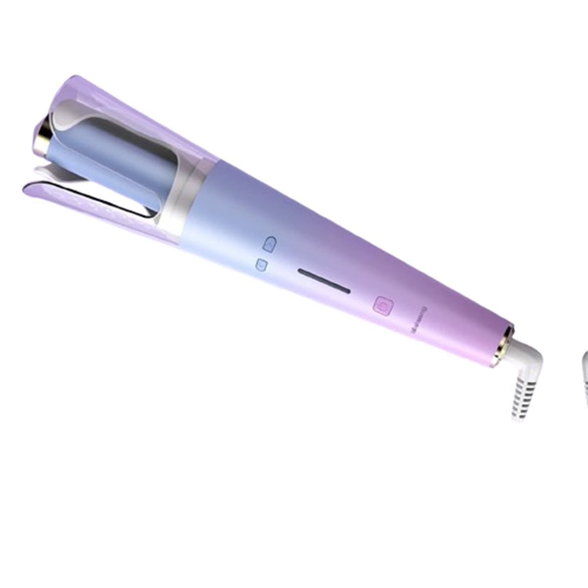 Ein Lockenstab, hauptsächlich lila und blau, mit geschwungenem Design.