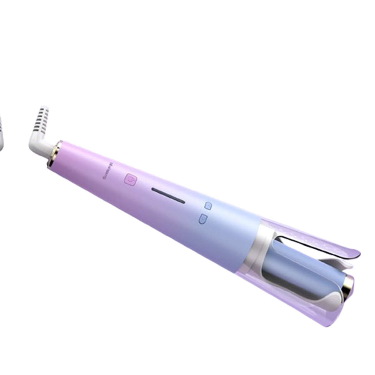 Haarstyler in Lila- und Blautönen. Es hat eine transparente Kunststoffabdeckung.