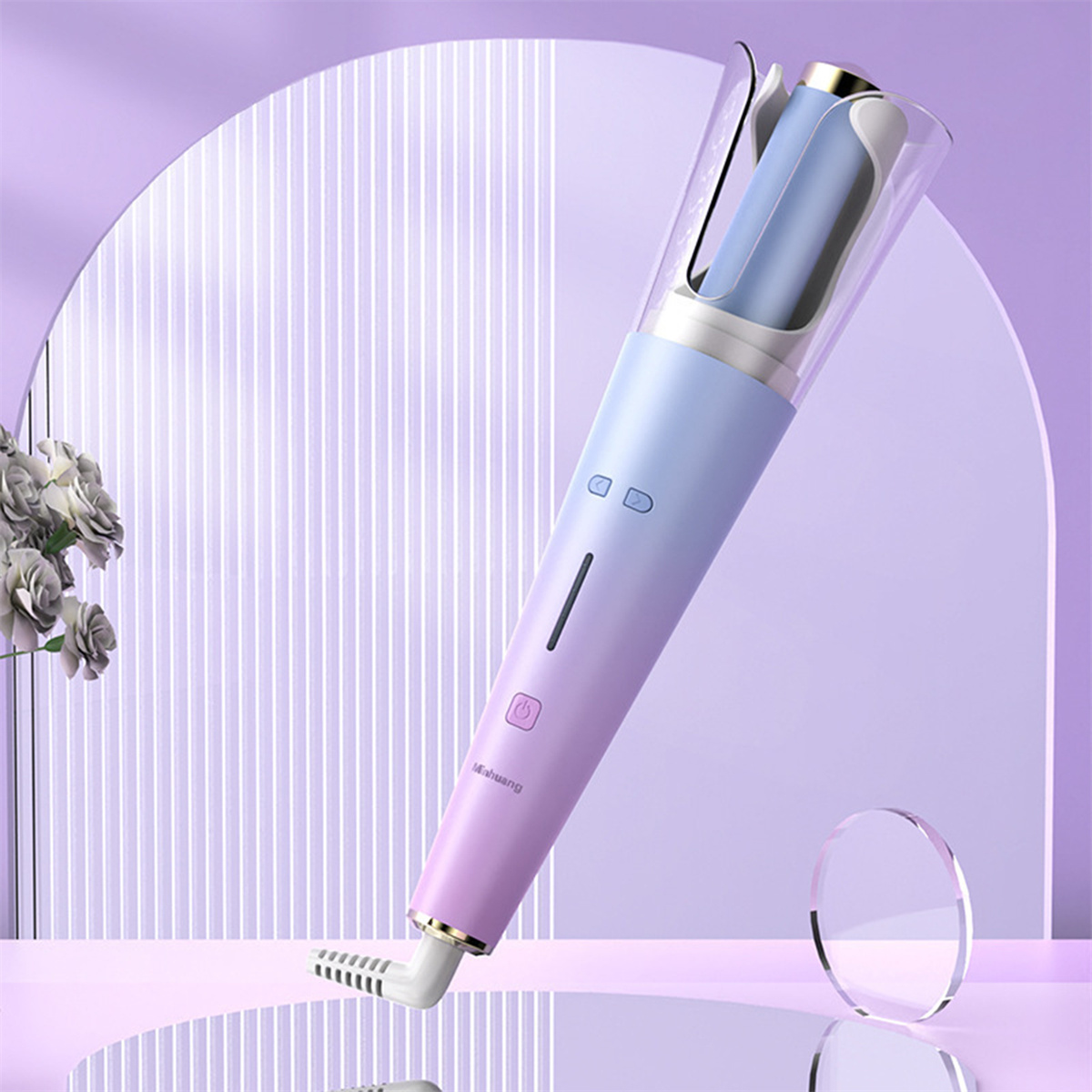 Haarstyler mit rosa-blauem Farbverlauf, transparentem Deckel und Ständer, auf lila Hintergrund.