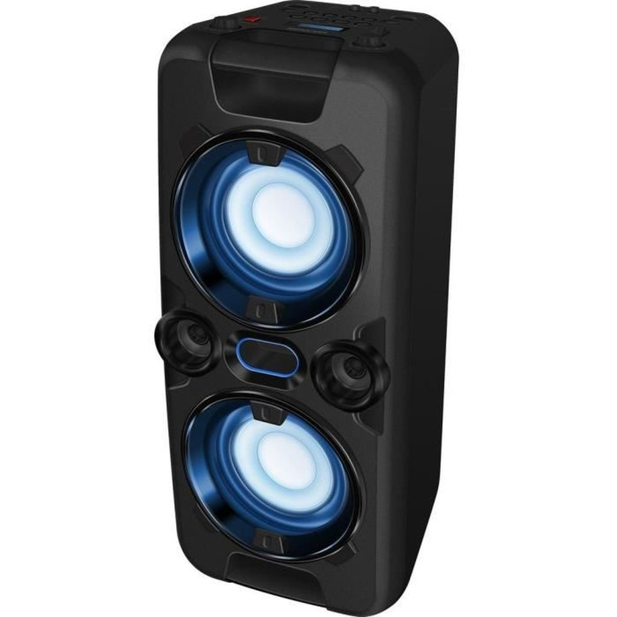 Altoparlante nero con due luci blu. L'altoparlante è rettangolare e ha tre altoparlanti più piccoli.