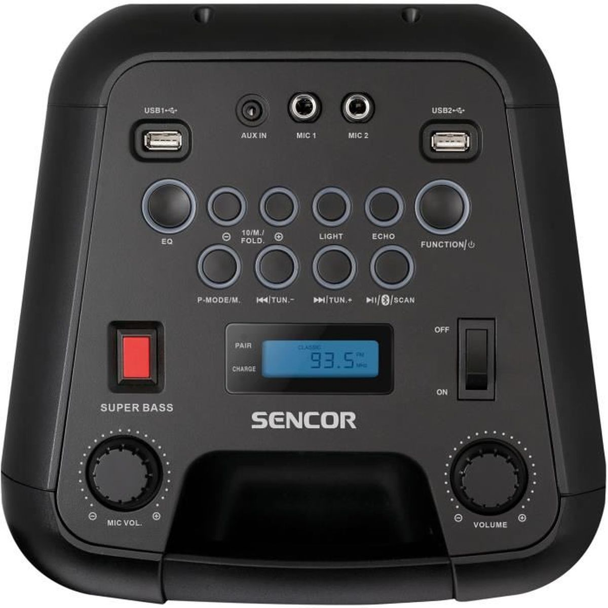 Altoparlante nero con pulsanti, porte USB e display digitale 93,5 MHz.