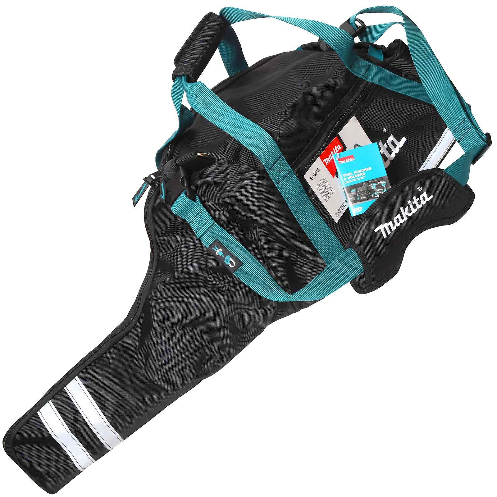 Schwarze und türkisblaue Makita Werkzeugtasche. Die Tasche ist offen, eine Broschüre und andere Werkzeuge sind sichtbar.