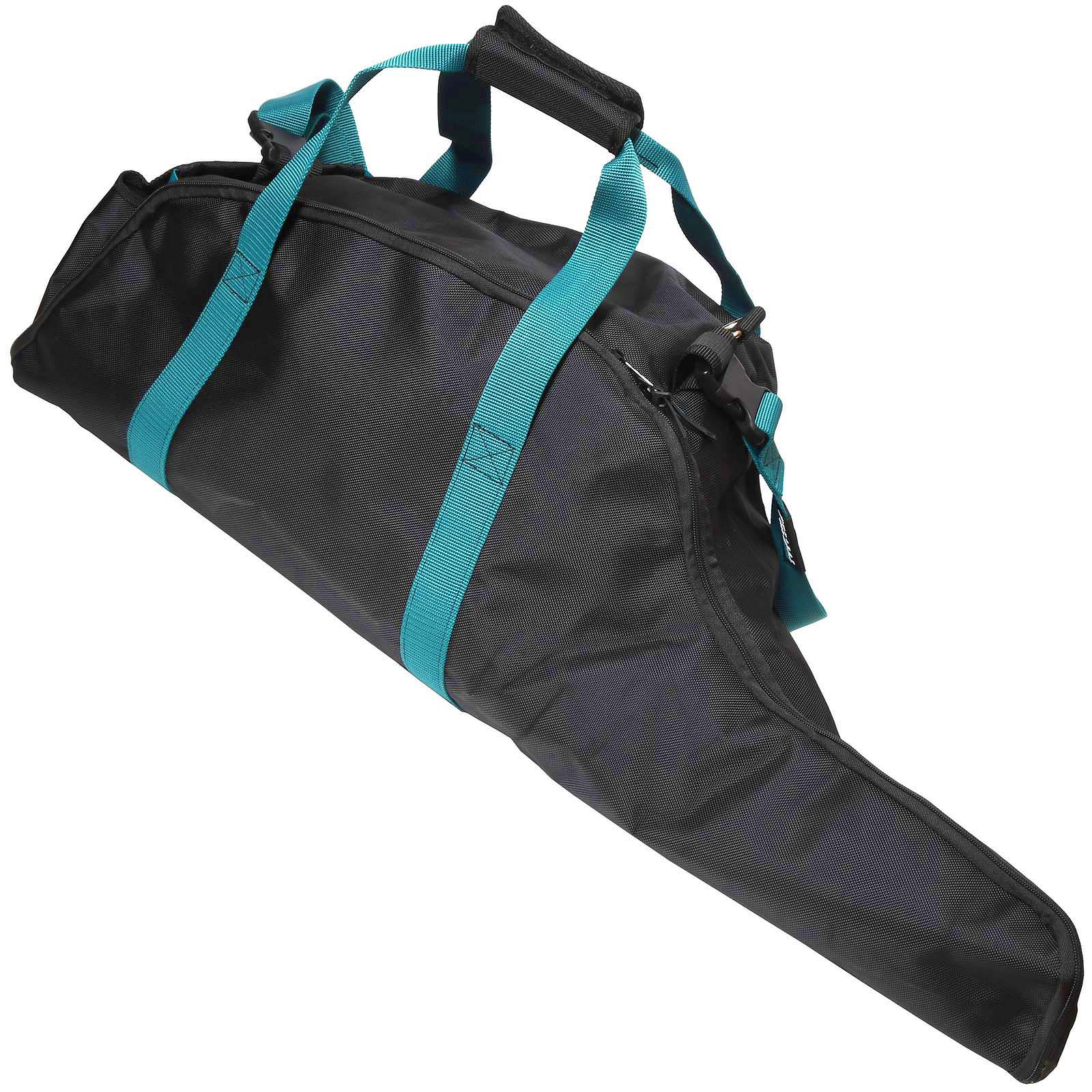 Schwarz-teal-farbene Tasche mit teal-farbenen Riemen. Die Tasche ist lang und schmal, vermutlich für Ausrüstung.