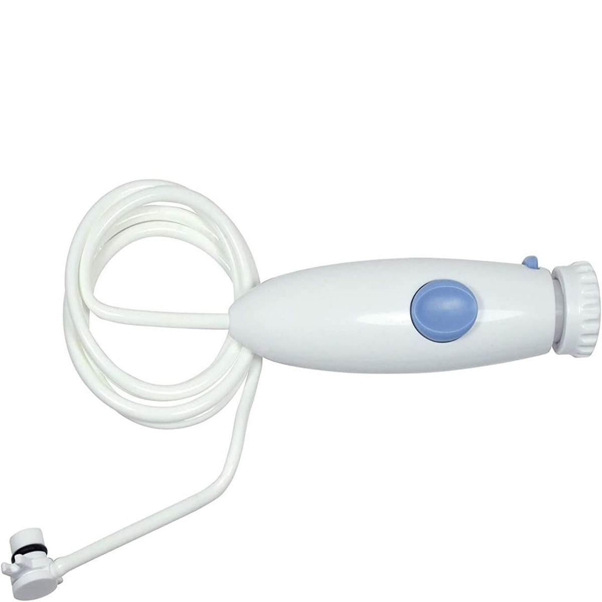Ein weißes Gerät mit blauem Knopf und gewendeltem weißen Kabel, freigestellt.