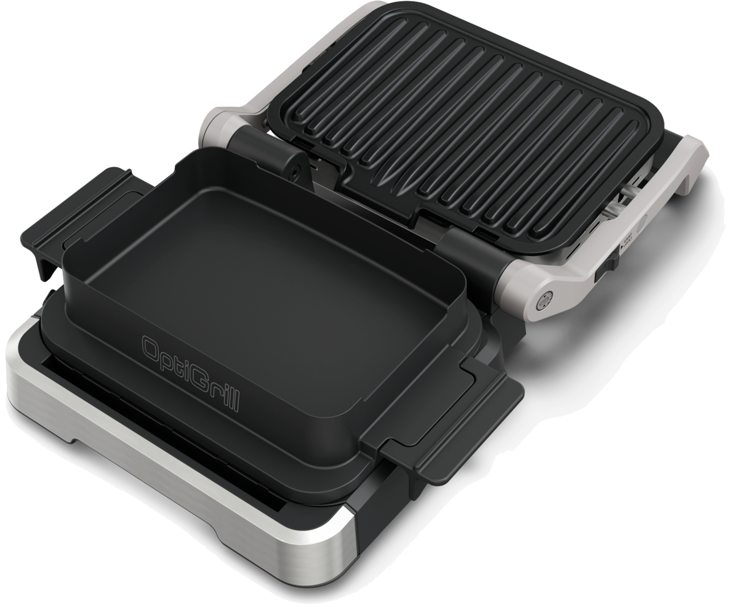 Otwarty OptiGrill. Grill ma czarną powierzchnię do gotowania i srebrną podstawę.