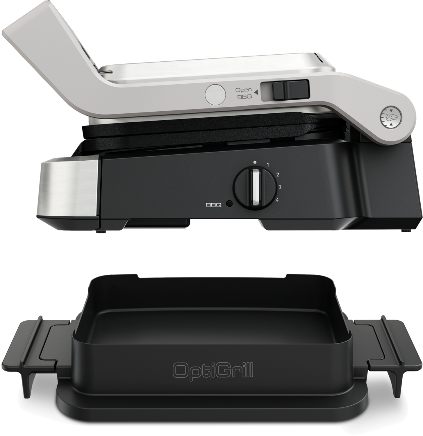 Czarny OptiGrill z otwartą pokrywą i czarną tacką ociekową poniżej. Widoczny napis Open BBQ.