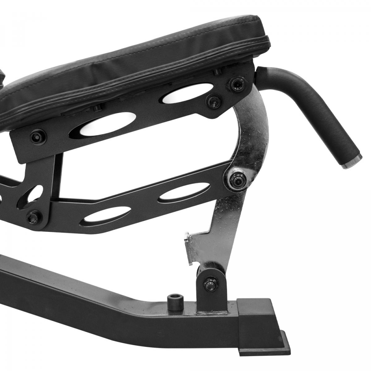 A black weight bench frame with a black seat and handle, isolated on white.