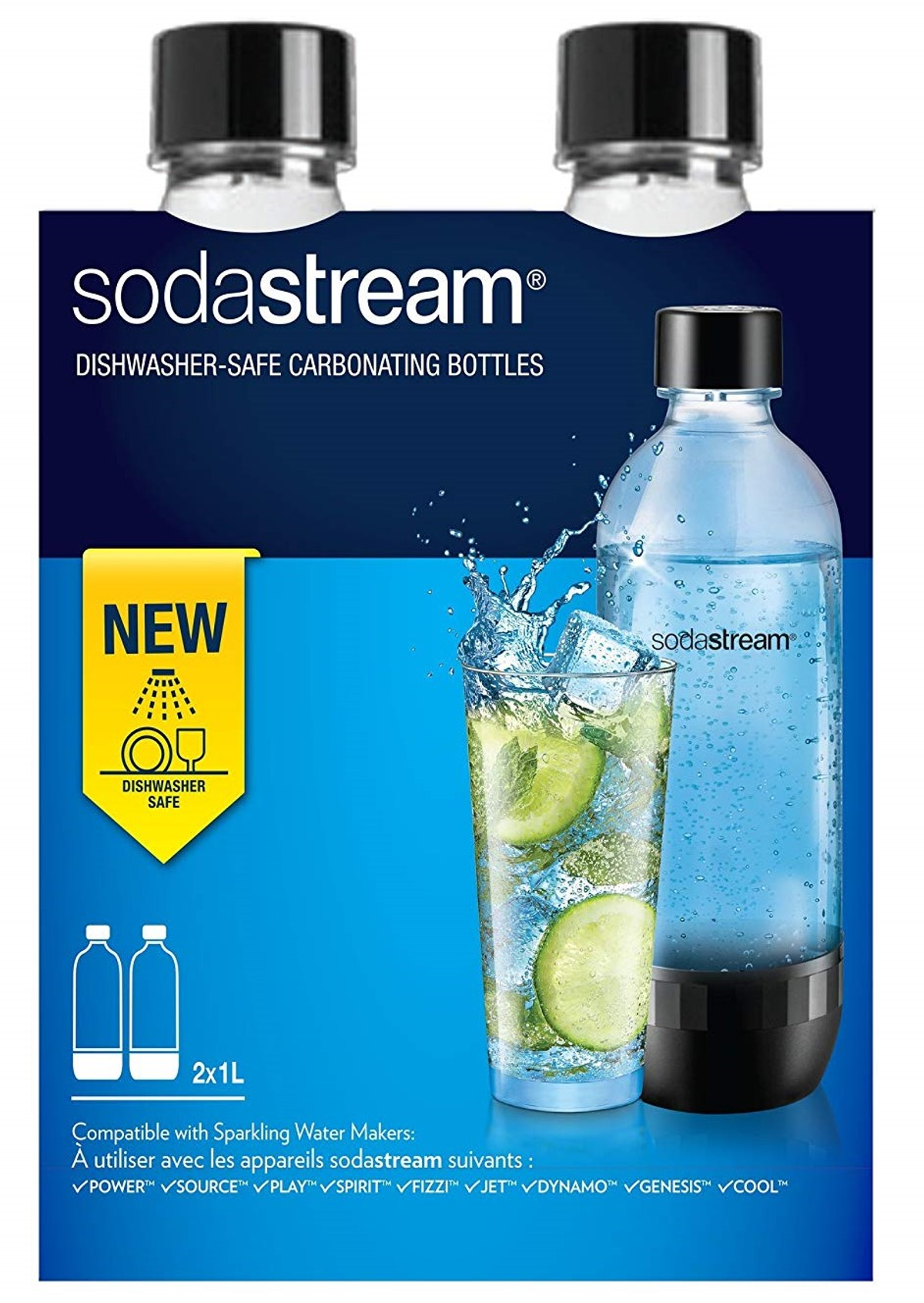 SodaStream-Flaschen mit einem Glas Wasser und Limettenscheiben, blauer Hintergrund und Text.