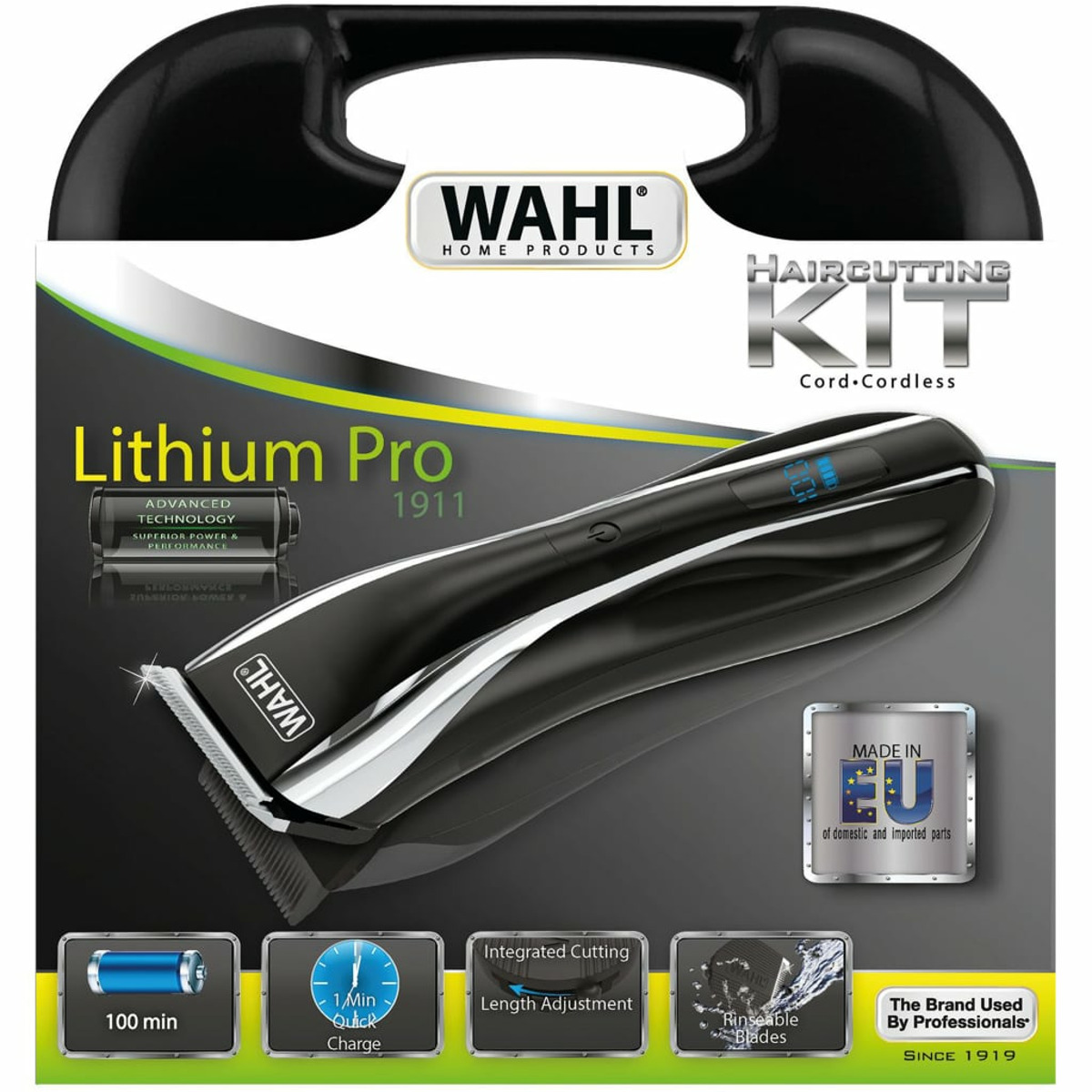 Kit tagliacapelli senza fili con design nero e argento e il marchio WAHL.