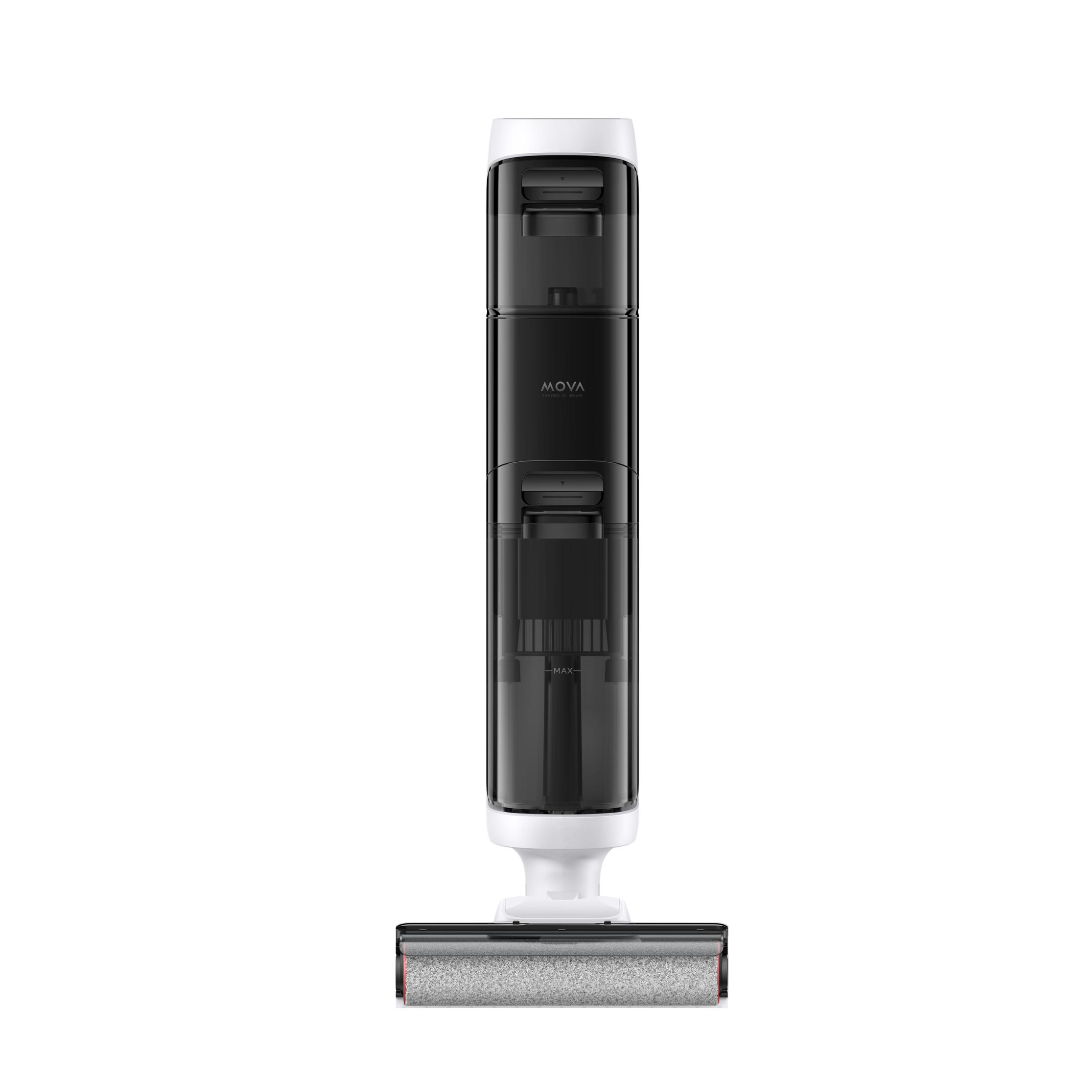 Aspirateur noir et blanc, vertical, sur fond blanc. Il y a un rouleau en bas.