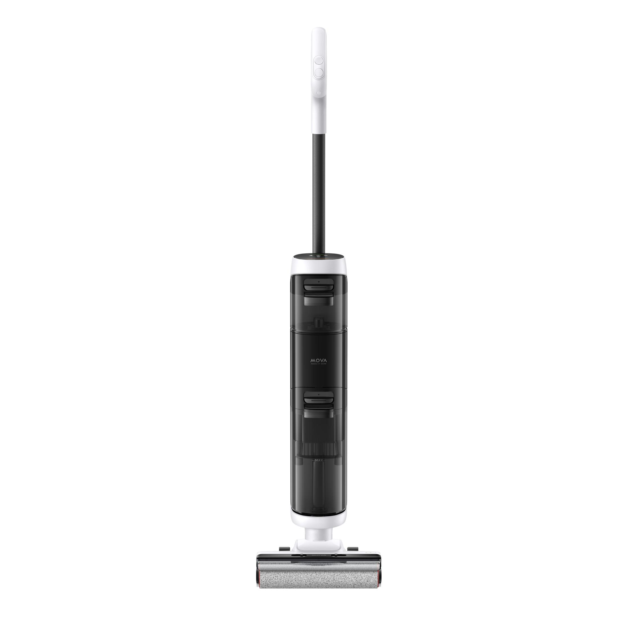Un aspirateur sans fil noir et blanc avec une longue poignée et une tête de brosse.