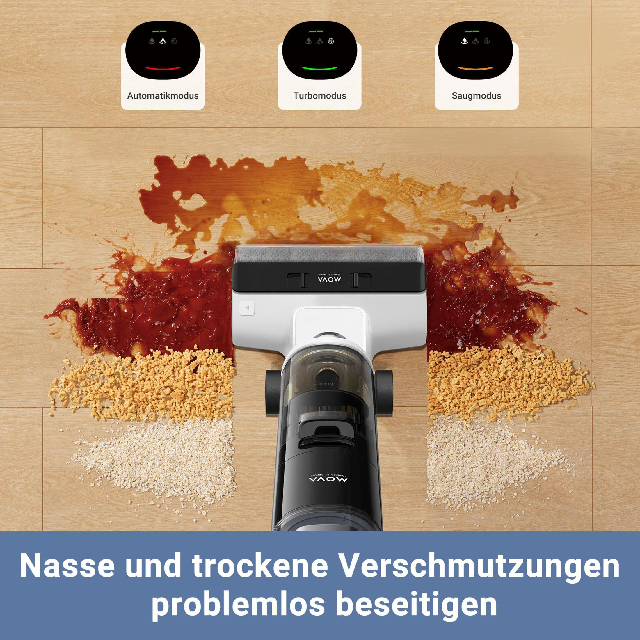 Aspirateur avec différents modes de nettoyage et taches sur le sol, avec texte en dessous.