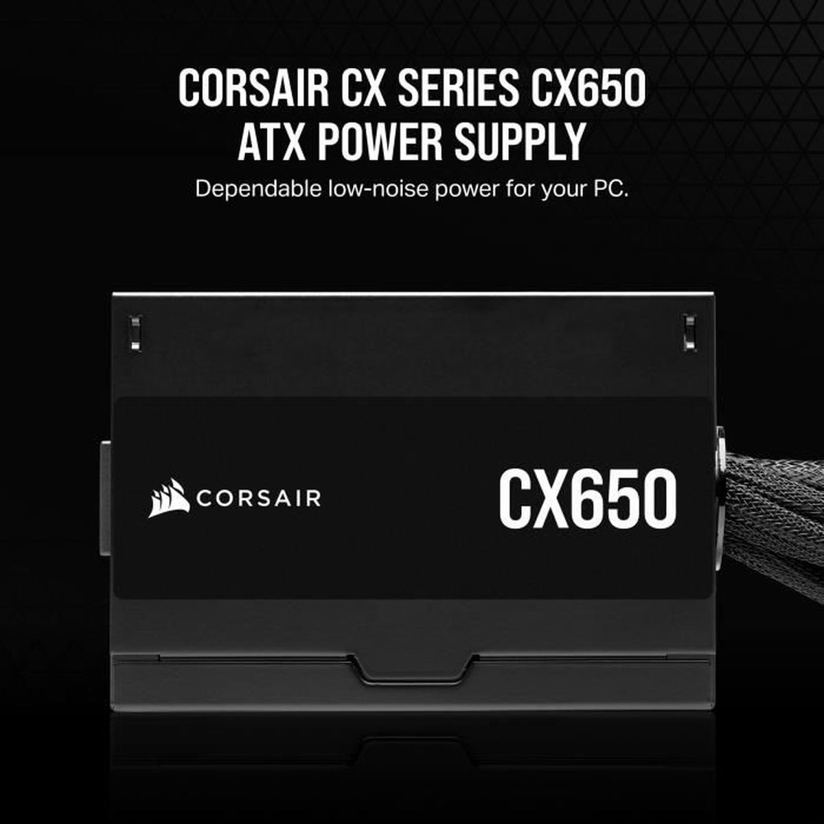 Czarny zasilacz, Corsair CX Series, CX650, z tekstem. Ma czarny kabel.