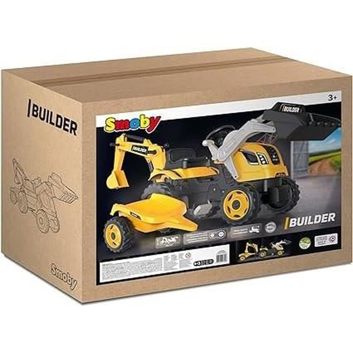 Kartonbox mit Spielzeugbagger. Die Box zeigt Spielzeug und Namen: Builder.