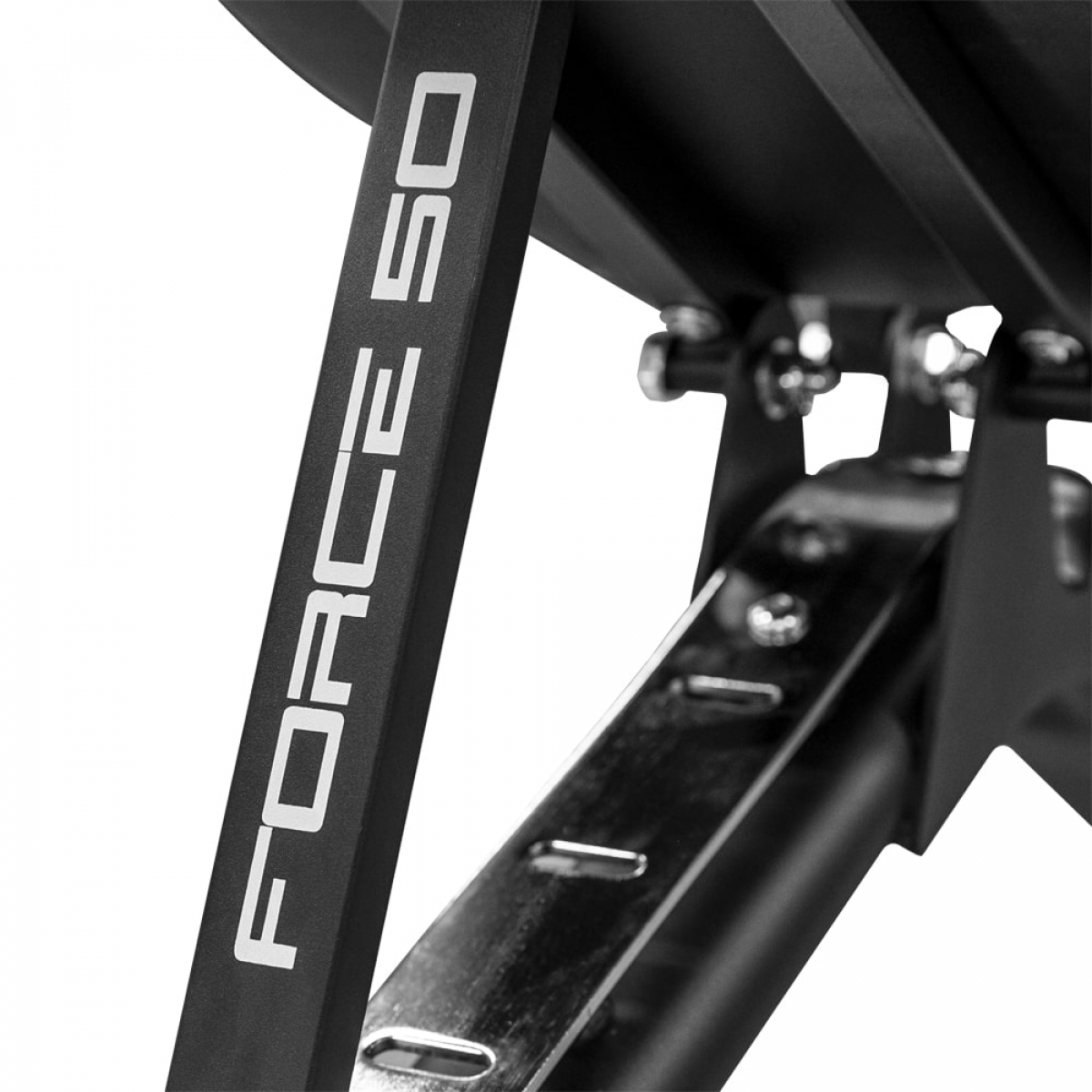 Close-up view of a black metal frame with the words 'FORCE 50'.