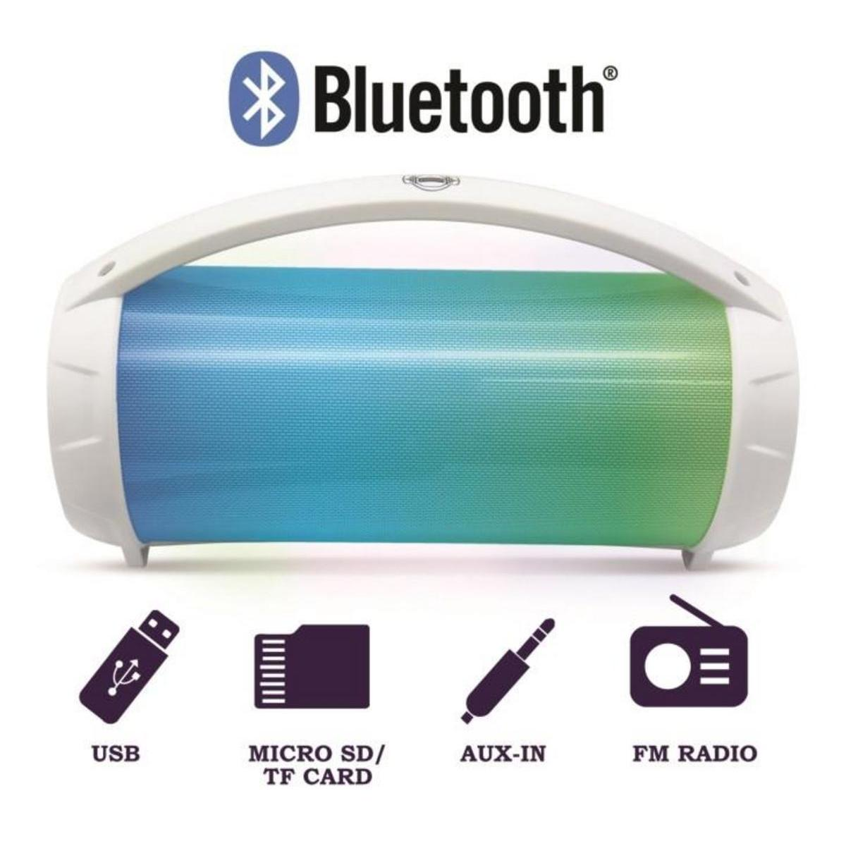 Altavoz Bluetooth blanco y azul con iconos USB, tarjeta SD, Aux-in y radio FM.