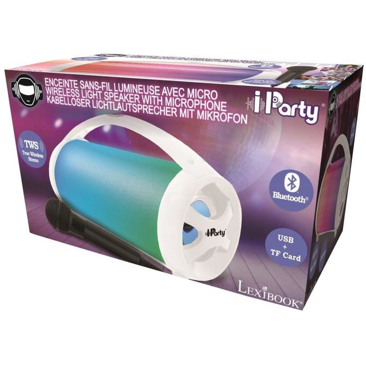 Una caja de altavoz de luz inalámbrico colorido con un micrófono. El texto incluye 'iParty' y 'Lexibook'.