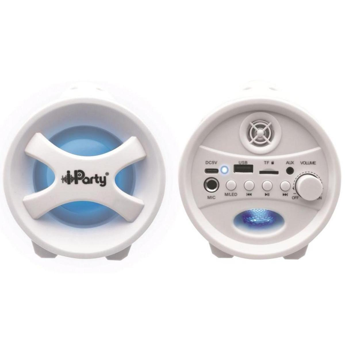 Altavoz portátil blanco con luz azul y botones de control.