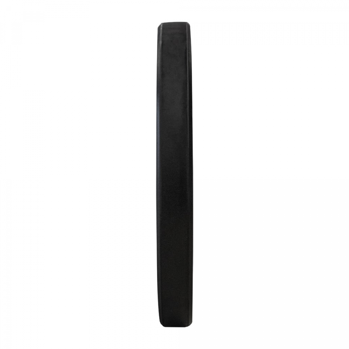 Black weight plate, side view. White background.