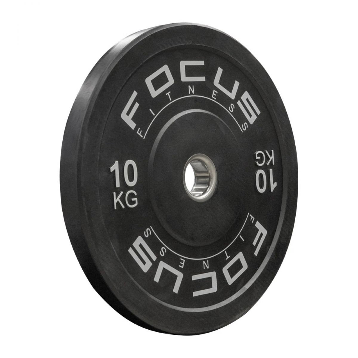 A black weight plate with white text that says "FOCUS FITNESS" and "10 KG" on a white background.