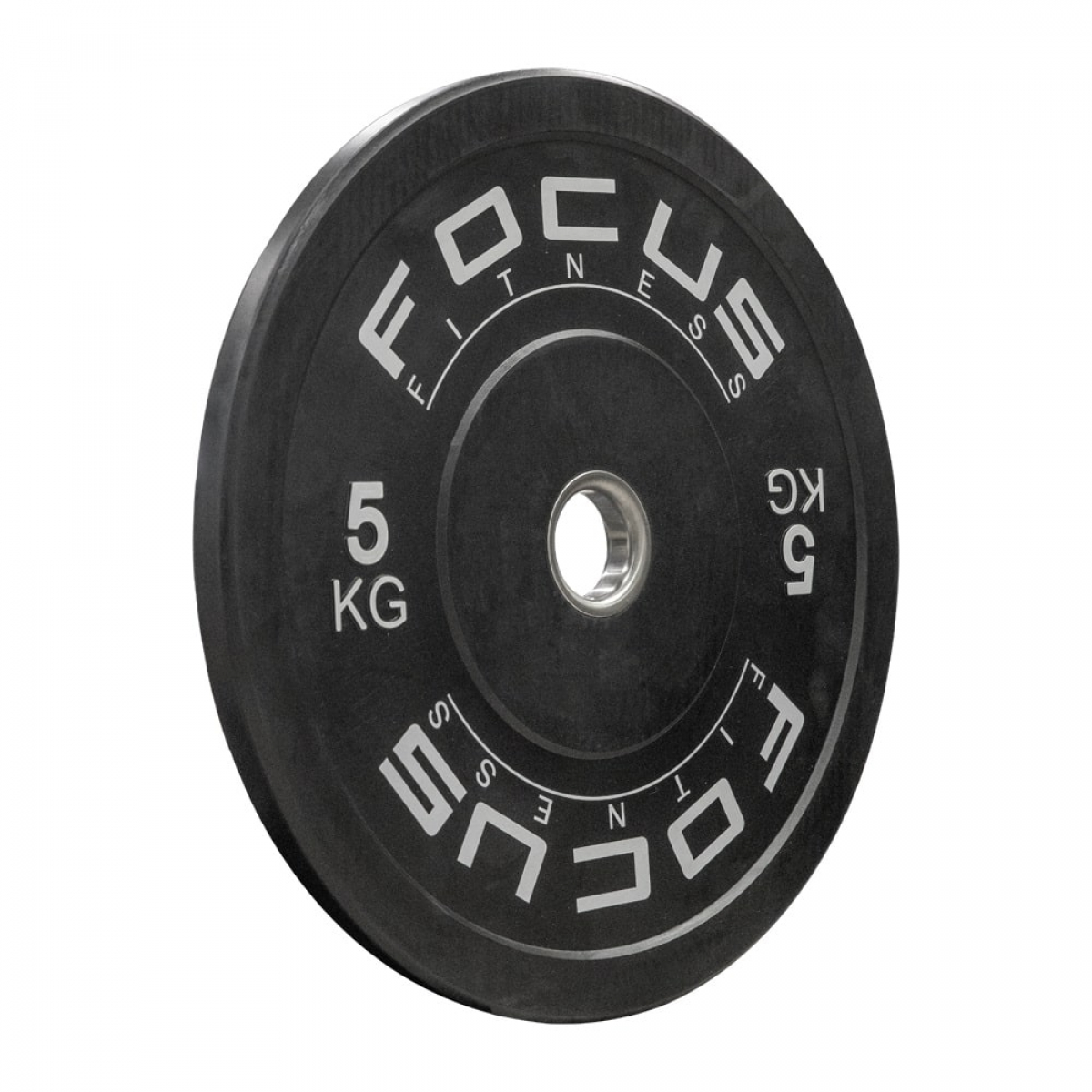 Zwarte gewichtschijf met witte tekst: FOCUS FITNESS, 5 KG.