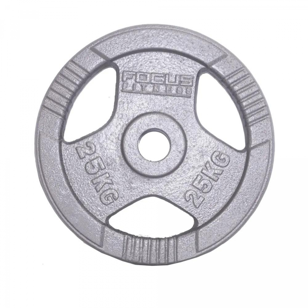 Disque de poids gris avec le texte 'FOCUS FITNESS' et '25KG' en blanc. Il est rond.