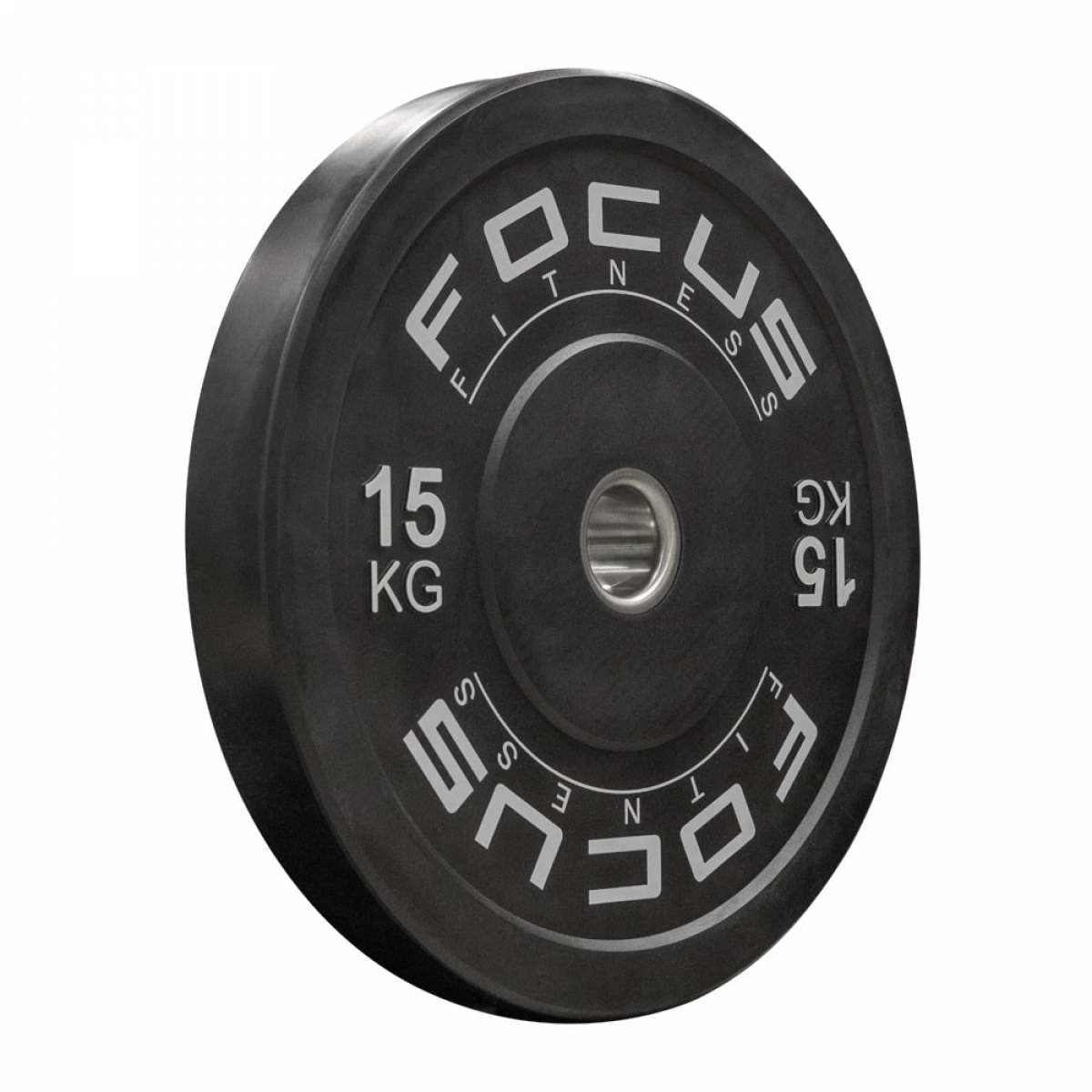 Een zwarte gewichtschijf met witte letters. Er staat 15 KG en FOCUS FITNESS op.