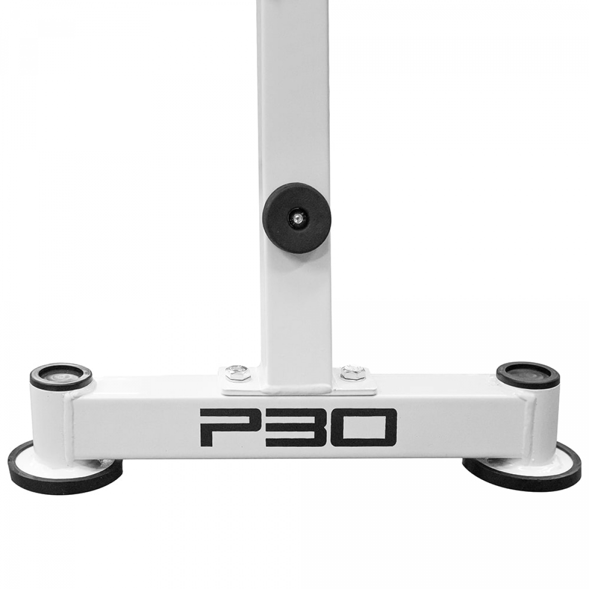 White weightlifting rack base with black rubber feet. White background.