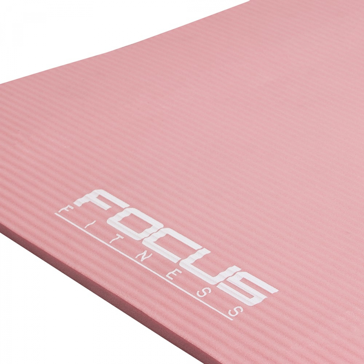 A pink yoga mat with white text that reads "FOCUS FITNESS" on a pink background.