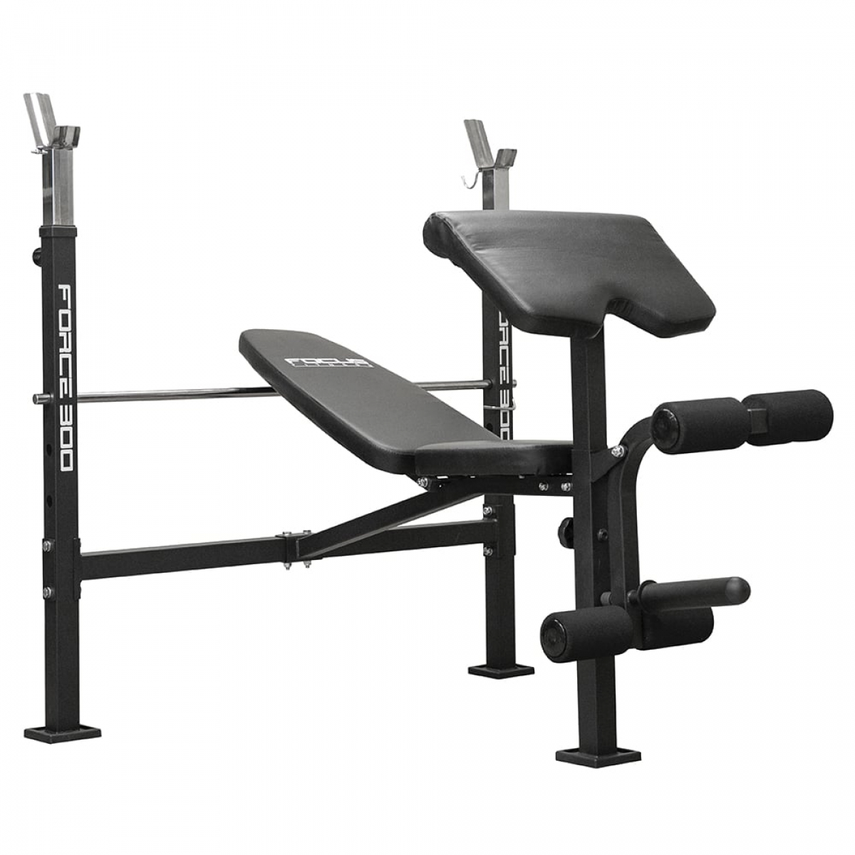 Un banc de musculation noir avec supports pour barre et extensions de jambes.