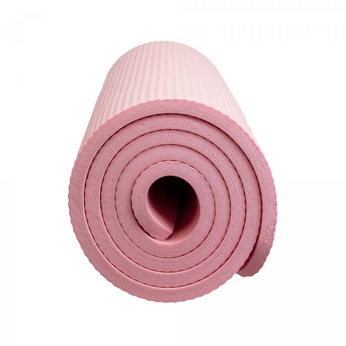 A rolled-up pink yoga mat. The mat is made of a ridged foam material.