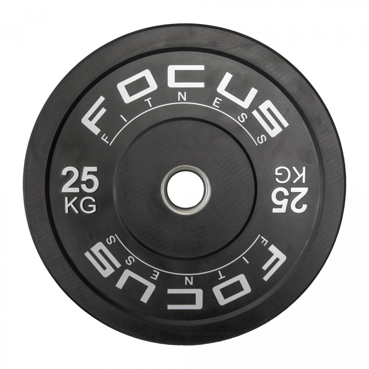 Zwarte halterplaat met witte tekst 'FOCUS FITNESS' en '25 KG'. De plaat is rond.
