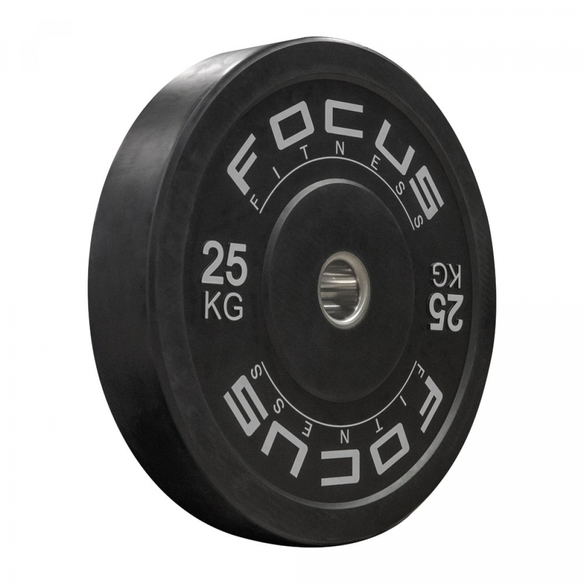 Zwarte gewichtschijf met witte letters 'FOCUS FITNESS' en '25 KG' op witte achtergrond.