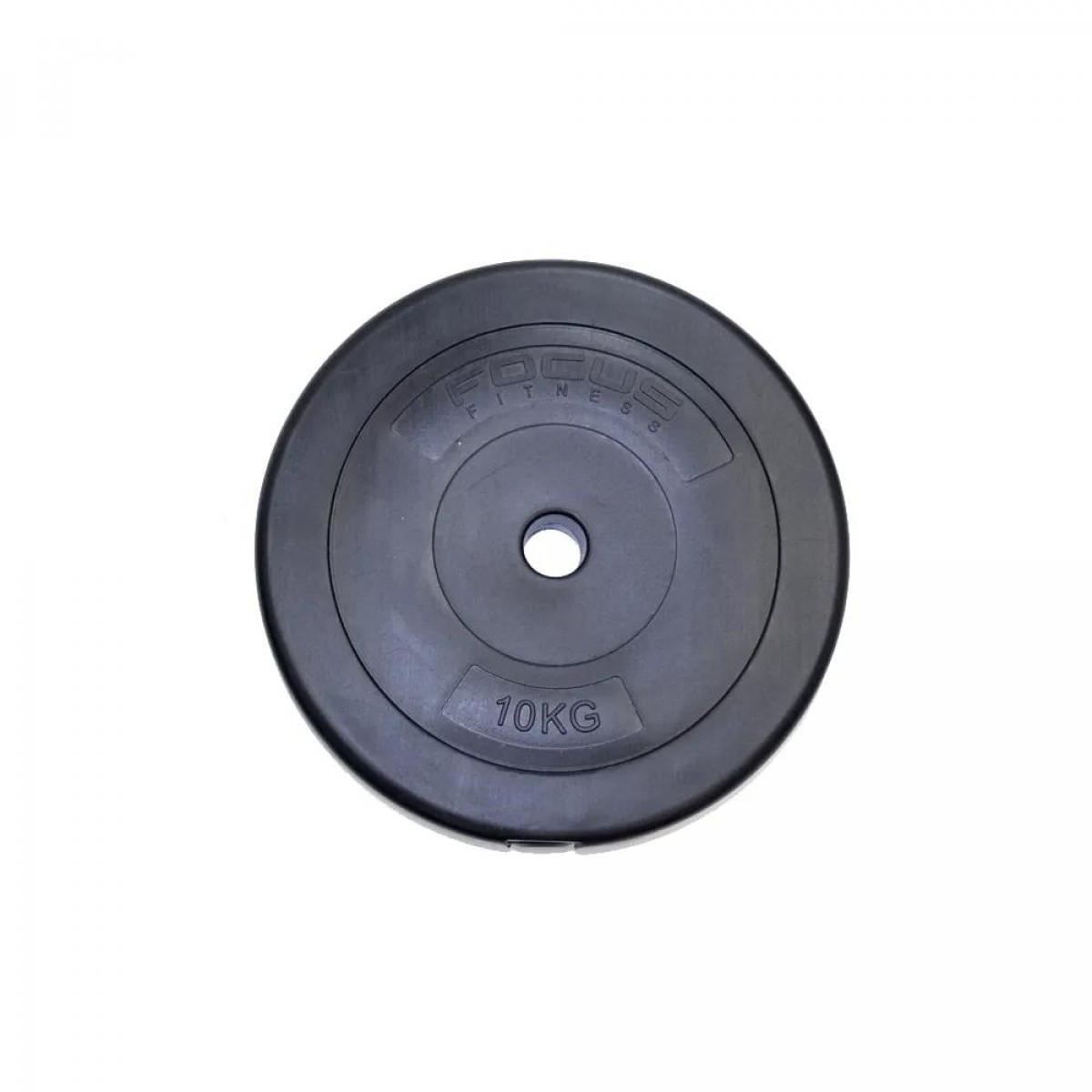 Een zwarte, ronde 10KG gewichtplaat met een wit FOCUS FITNESS logo erop.