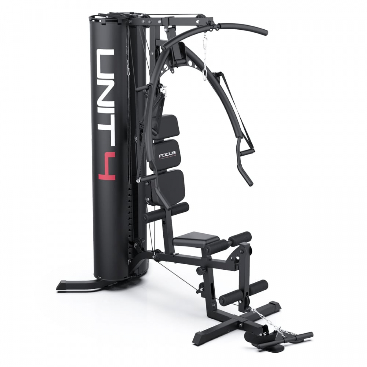 Une machine d'entraînement noire avec le texte rouge "UNIT 4" et "FOCUS". Fond blanc.