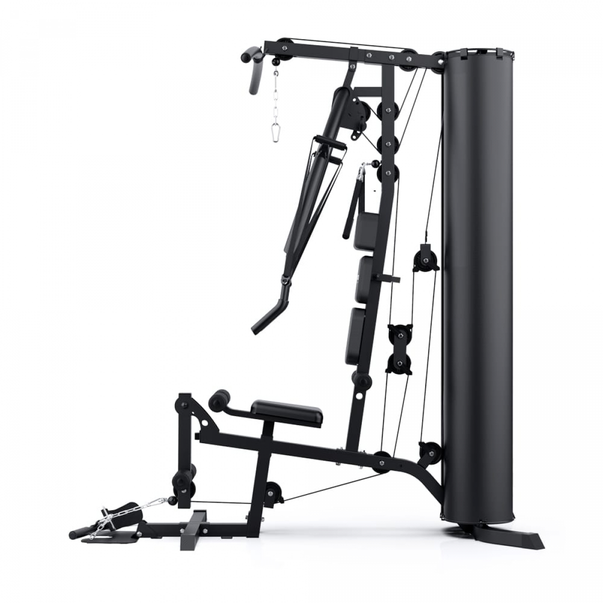 Équipement de gym à domicile noir avec plusieurs stations d'exercice.