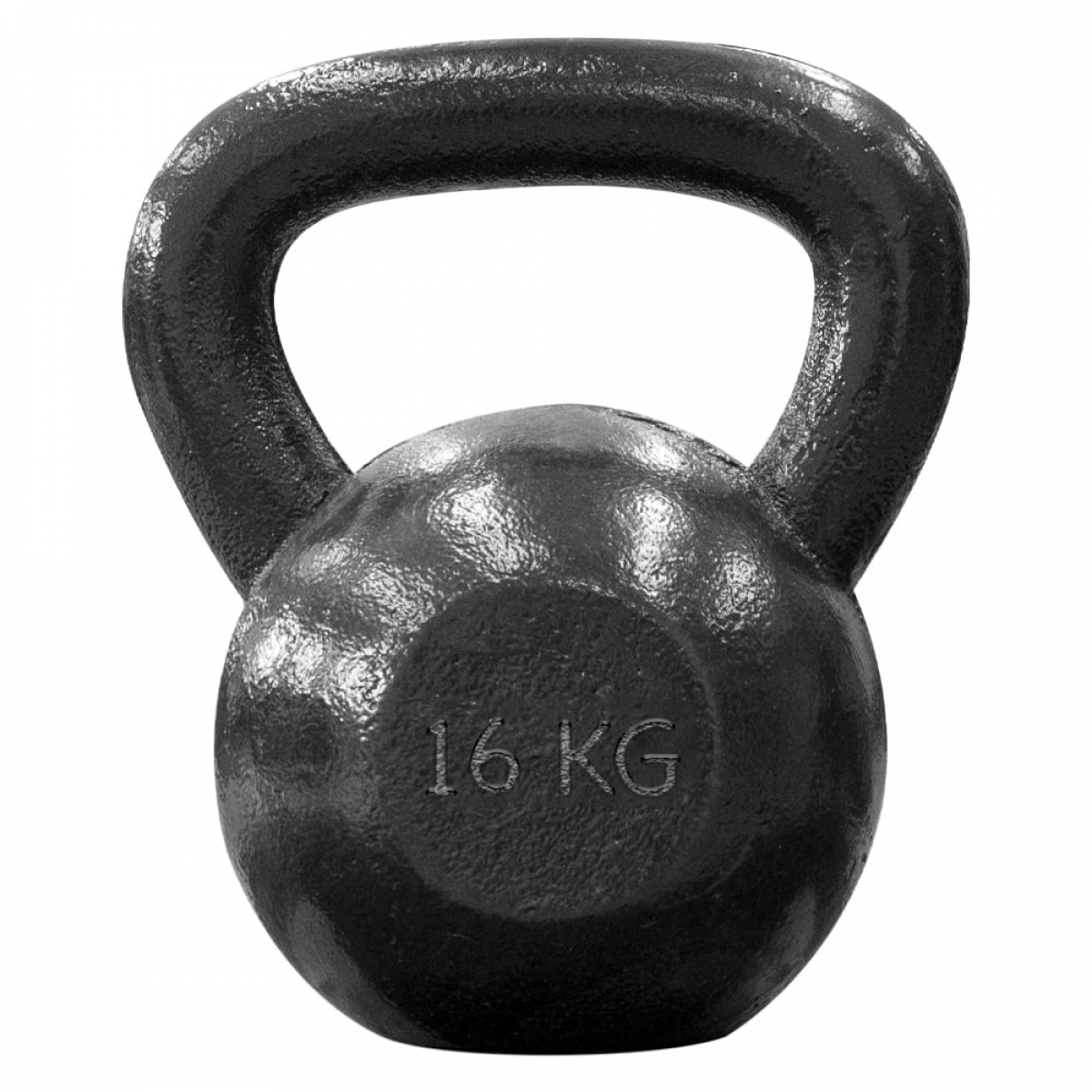 Zwarte kettlebell met een handvat en het gewicht '16 KG' op het oppervlak.